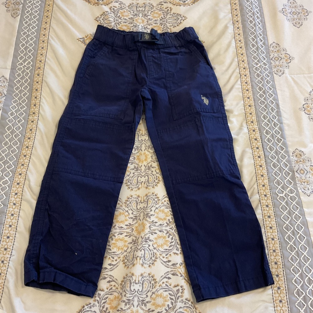US Polo Assn Boys Navy Blue Cargo Pants Elastic Waist Belted Size XS 4-5